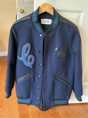 Coach Navy Blue Wool Varsity Jacket with Teal Stripe 260$